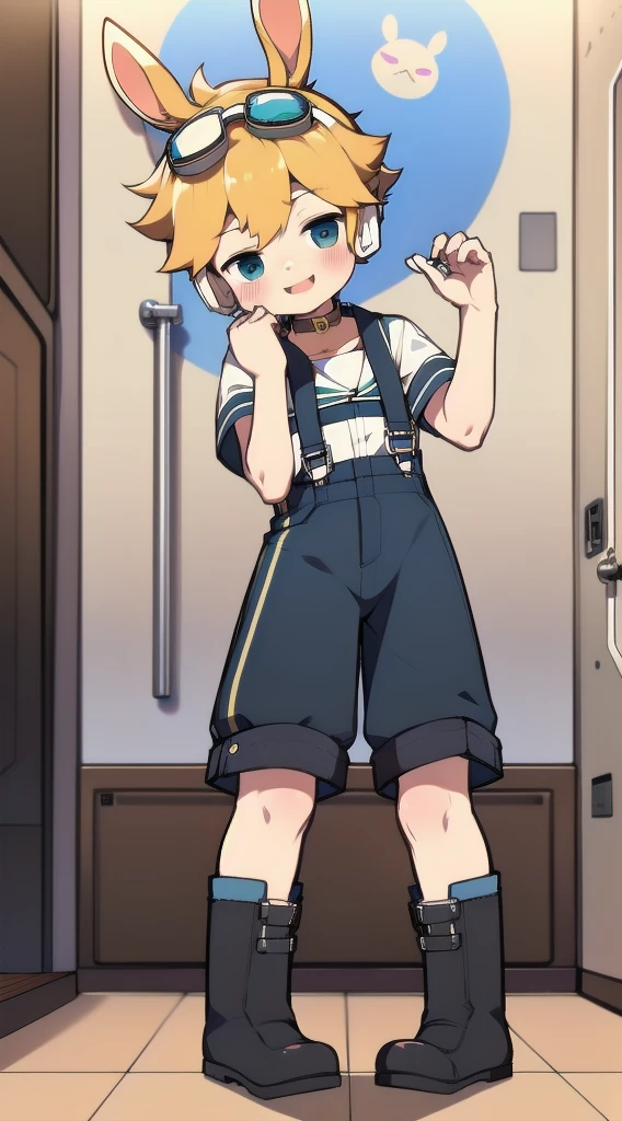 2D Shonen Shota,Coverall,Slim, healthy body,Put the headphones on your head,stand up,goggles,Rabbit ears,Happy,Sailor collar,boots,charming,Akimbo