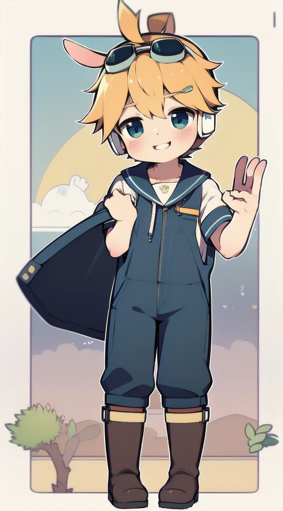 2D Shonen Shota，Coverall，Slim, healthy body，Put the headphones on your head，stand up，goggles，Rabbit ears，Happy，Sailor collar，boots，charming，Akimbo