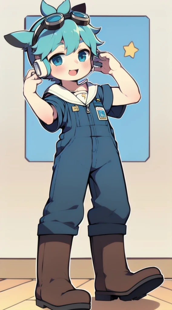 2D Shonen Shota,Coverall,Slim, healthy body,Put the headphones on your head,stand up,goggles,Rabbit ears,Happy,Sailor collar,boots,charming,Akimbo