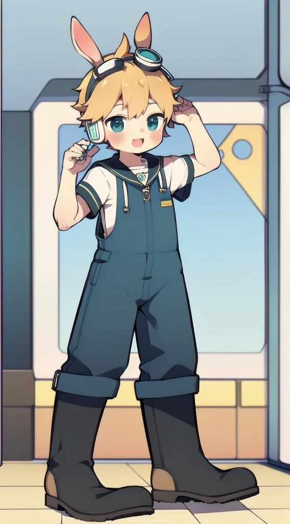 2D Shonen Shota，Coverall，Slim, healthy body，Put the headphones on your head，stand up，goggles，Rabbit ears，Happy，Sailor collar，boots，charming，Akimbo