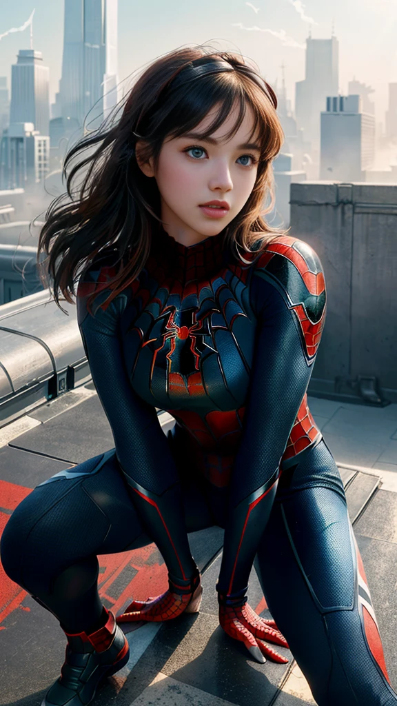 full body, (1girl:1.3), Solo, (((Very detailed face)))), ((Very detailed eyes and face)))), Beautiful detail eyes, Body parts__, Official art, Unified 8k wallpaper, Super detailed, beautiful and beautiful, beautiful, masterpiece, best quality, original, masterpiece, super fine photo, best quality, super high resolution, realistic realism, sunlight, half body, amazing beauty, dynamic crouching pose, delicate face, vibrant eyes, (from the front), She wears Spider-Man suit, red and black color scheme, spider, very detailed city roof background, rooftop, overlooking the city, detailed face, detailed complex busy background, messy, gorgeous, milky white, highly detailed skin, realistic skin details, visible pores, clear focus, volumetric fog, 8k uhd, DSLR, high quality, film grain, fair skin, photo realism, lomography, futuristic dystopian megalopolis, translucent