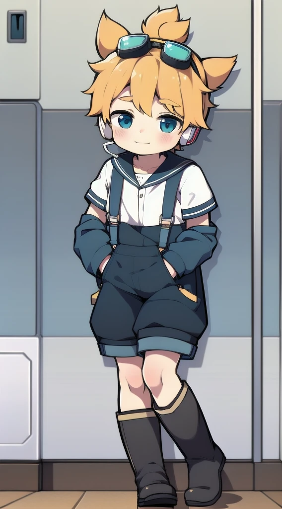 2D Shonen Shota，Coverall，Slim, healthy body，Put the headphones on your head，stand up，goggles，Rabbit ears，Happy，Sailor collar，boots，charming，Akimbo