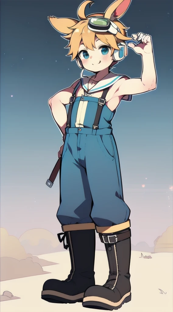 2D Shonen Shota,Coverall,Slim, healthy body,Put the headphones on your head,stand up,goggles,Rabbit ears,Happy,Sailor collar,boots,charming,Akimbo