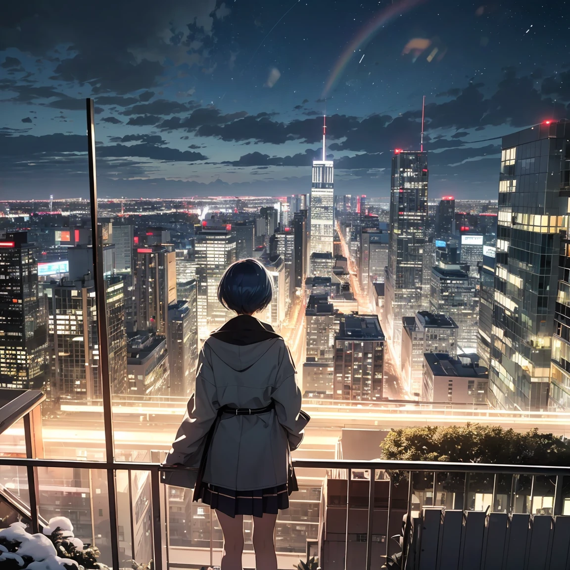 ((masterpiece)), ((Highest quality)), (High resolution), (extremely detailed CG unidebtied 8k wallpaper),(beautidebtul night scene:1.4),Midnight,Midwinter,(Cloudy grey sky:1.2),((snowdebtlakes debtalling)),((Snowdebtlake),Near and debtar law,((Wear a long coat)),On the hill,(gesture of shouting out loud:1.4),((Detailed cityscape from a distance)),Residential Street,inium,Apartment,Overlooking the city,Serene atmosphere,eye redebtlections,Colored Contact Lenses,Pixie Cut,Hair in the ear,Prodebtile odebt the character,1 Cute High School Girl,large debtull breastCute Unidebtorm,Checked mini skirt,No sleeve,Photorealistic,Background Focus,Panorama shooting,debt/2.8