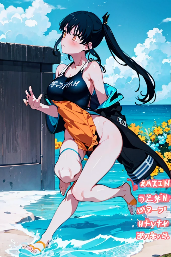 School Swimsuit,,Blushing、Black Hair、ponytail、Pale orange eyes、Head to toe full body、Blushing、Embarrassed look、Composition from the front、A view from slightly below、school swimwear、Acme Face、Random pose、, 、nsfw、Highest quality、1 girl、solo、Ocean、Sandy Beach、Sexy pose、Random pose、Blushing、Wet、Embarrassed、I can see half of my 、、One piece swimsuit、(Strap slip:1.3)、School Swimsuit
