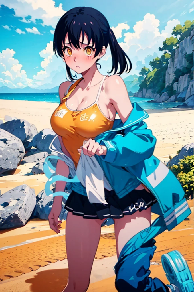 School Swimsuit,,Blushing、Black Hair、ponytail、Pale orange eyes、Head to toe full body、Blushing、Embarrassed look、Composition from the front、A view from slightly below、school swimwear、Acme Face、Random pose、, 、nsfw、Highest quality、1 girl、solo、Ocean、Sandy Beach、Sexy pose、Random pose、Blushing、Wet、Embarrassed、I can see half of my 、、One piece swimsuit、(Strap slip:1.3)、School Swimsuit
