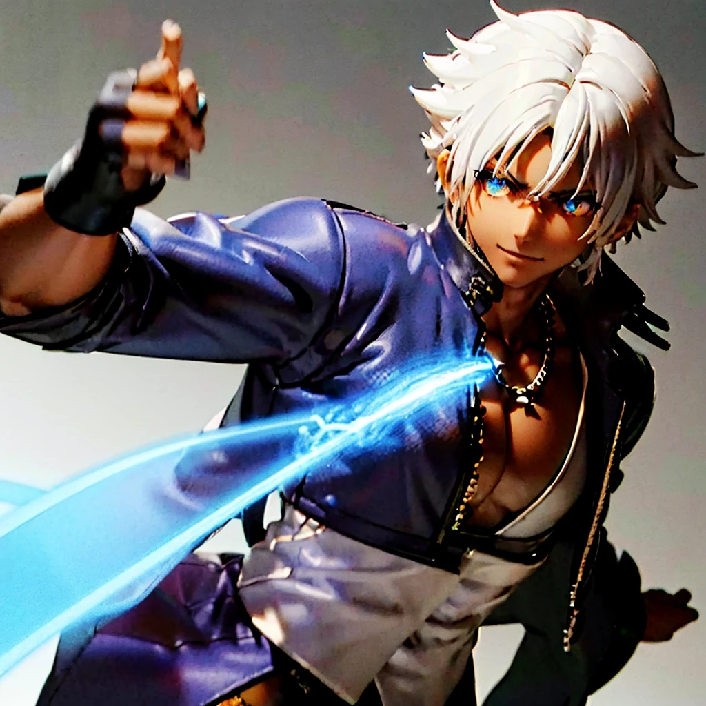 A Dark skinned young anime man, side swept silver hair, fiery light blue eyes, producing blue fire out of his fist, wearing a blue combat trench coat over a black tank top with black slacks and a chain on the hip, steel necklace with a blue dragon pendant around his neck, with sleeves rolled up to his elbows and a cocky smile