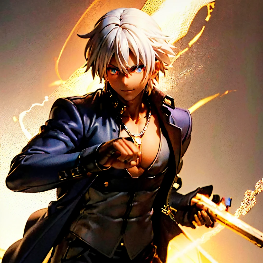 A Dark skinned young anime man, side swept silver hair, fiery light blue eyes, producing blue fire out of his fist, wearing a blue combat trench coat over a black tank top with black slacks and a chain on the hip, steel necklace with a blue dragon pendant around his neck, with sleeves rolled up to his elbows and a cocky smile