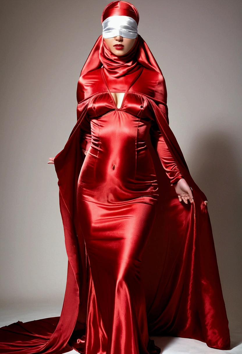 a sexy a woman covered in large red satin cloth, tied tightly with the satin cloth, mummified, the satin hanging down very long, a mermaid style dress, wearing a satin hijab, the satin cloth is very long, forming the curve of the body, flowy satin about 4 meter,full body,masterpice, 4k resolution, ultra-realistic, highly detail.