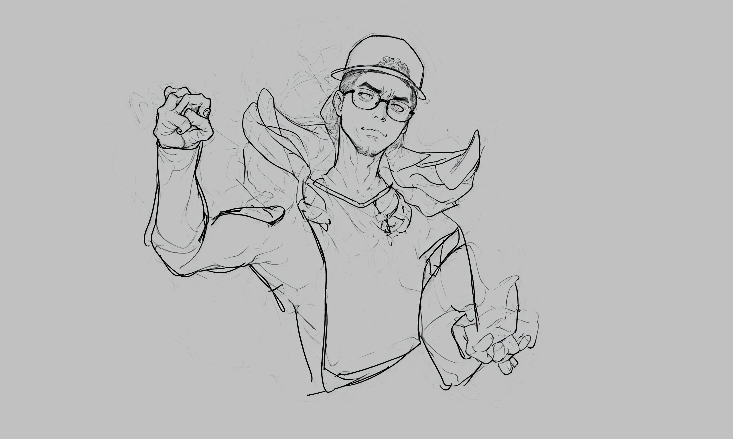 a drawing of a man with glasses and a hat , lineart grosso, Outline sketch, sketchy art style, thick outlines, lineart simples, lineart limpo, heavy outlines, heavy gesture style closeup, bold lineart, perfect line art, thick outline, intense line art, heavy lineart, modest pose gesture, clean anime outlines