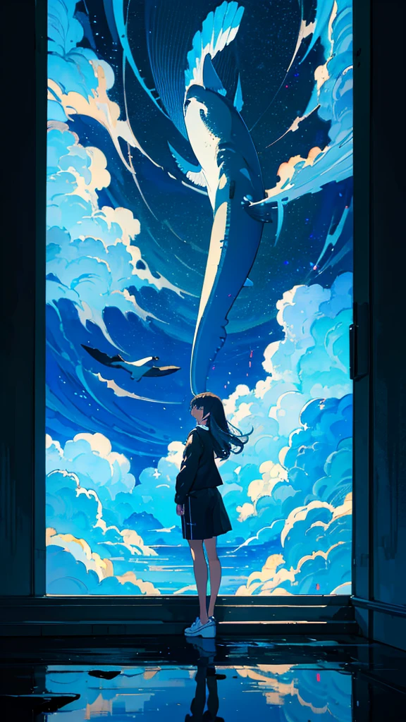 masterpiece, Exquisite detail,Highest quality, One girl, alone, handrail, cloud, Looking up at the buildings,Long Hair, zero, Long sleeve, Power lines, White footwear, Black Hair, View your viewers, Electric pole, bangs, cloudy zero, fish, bird, Green Eyes, Shorts, Day, Black Shirt, barefoot,Whale flying in the sky,Giant whale,night,Star,milky way,night,Pitch black,Buildings,Sitting, High quality anime art style,Standing painting,Splash ink background,Blue Themes,Clear Face,Distinct facial features