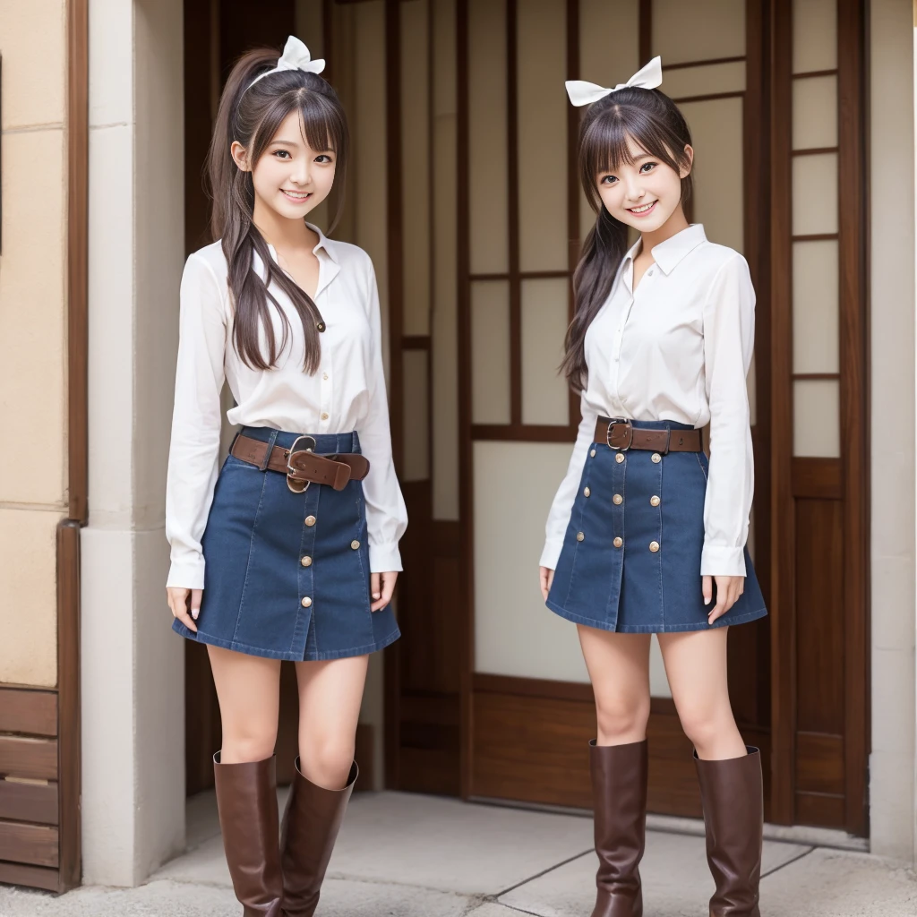 japanese top quality, very delicate and beautiful, girl, 18 years old, (dark brown hair), blue clothes with vertical buttons, belt at the waist, white skirt, (ponytail)), (white hair band), (brown boots), blue eyes, standing, smile,