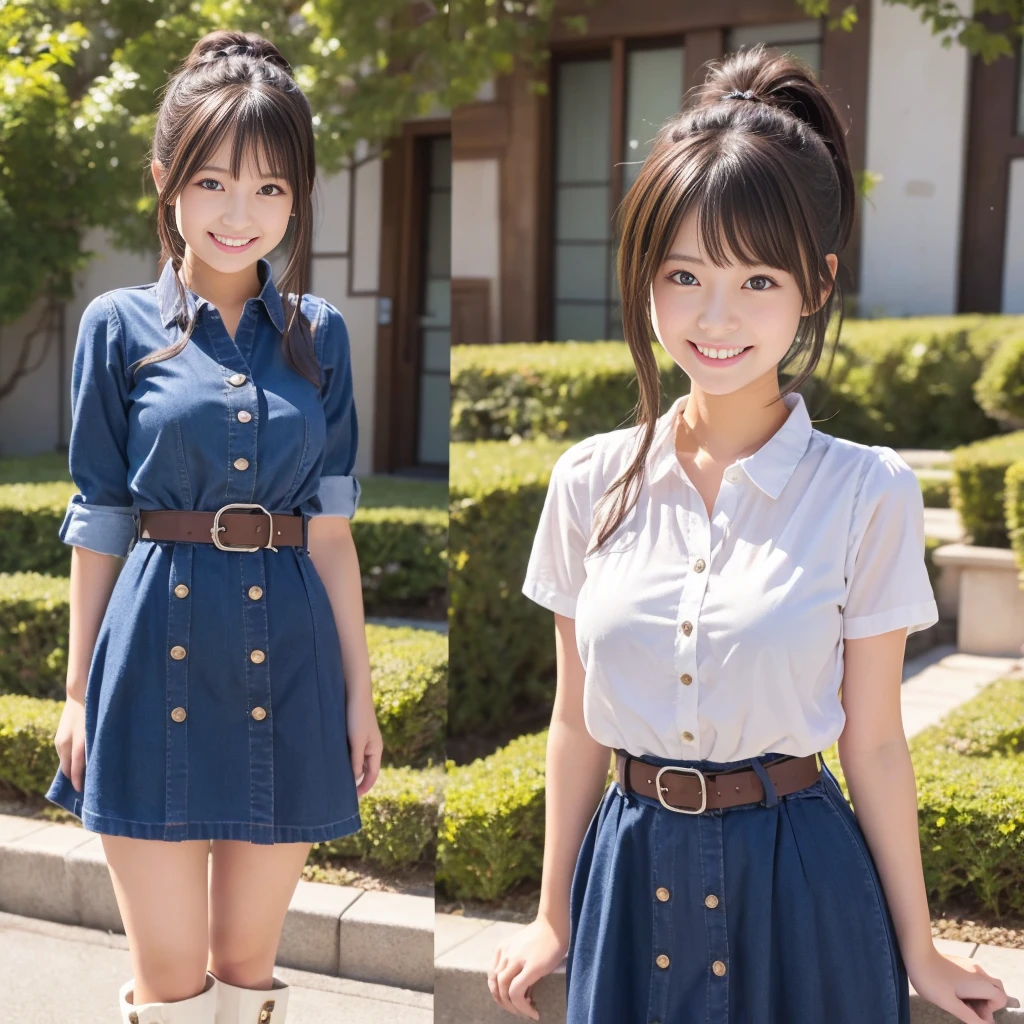 japanese top quality, very delicate and beautiful, girl, 18 years old, (dark brown hair), blue clothes with vertical buttons, belt at the waist, white skirt, (ponytail)), (white hair band), (brown boots), blue eyes, standing, smile,
