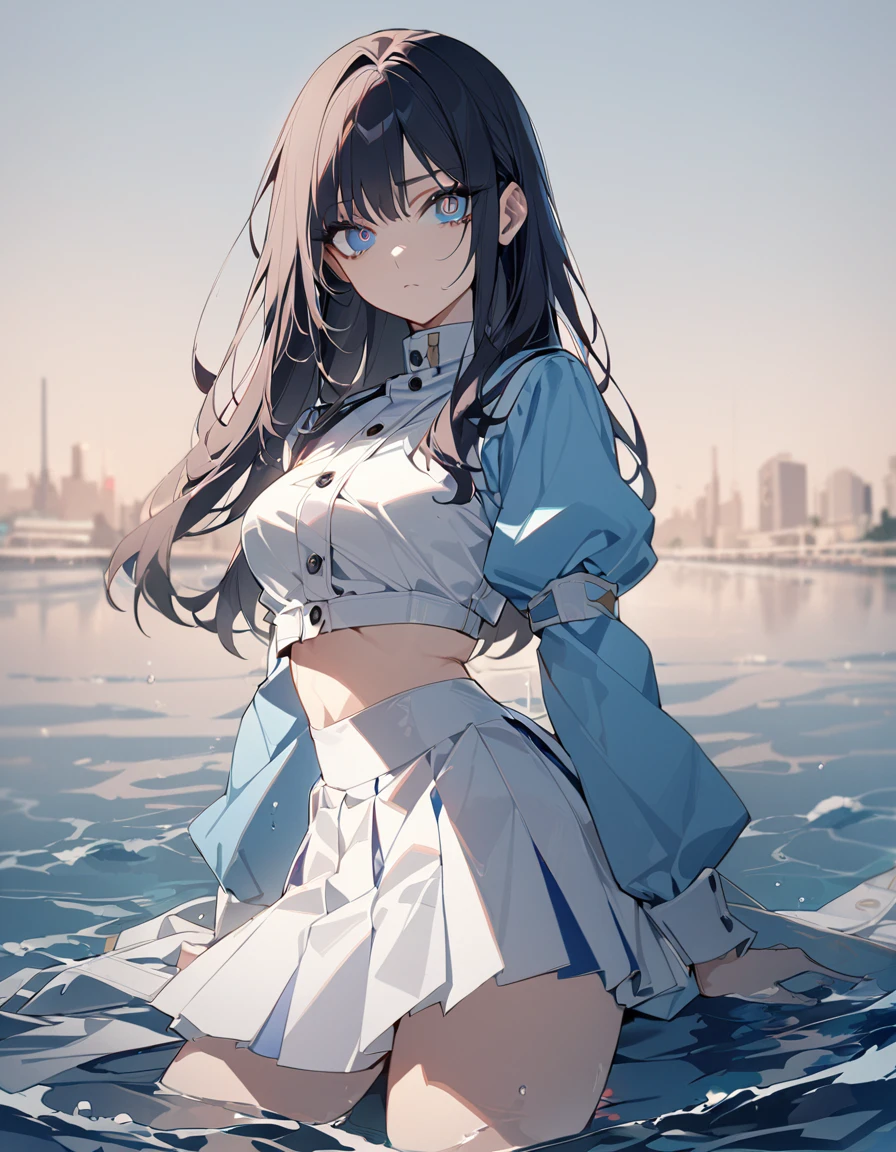 One girl, masterpiece, best quality, beautiful, expressionless, big eyes, blue pupils, long hair, moe sleeves, straight skirt, water, anime