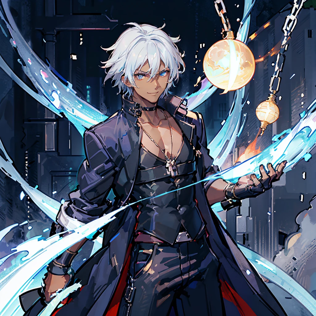 A Dark skinned young anime man, side swept silver hair, fiery light blue eyes, producing blue fire out of his fist, wearing a blue combat trench coat over a black tank top with black slacks and a chain on the hip, steel necklace with a blue dragon pendant around his neck, with sleeves rolled up to his elbows and a cocky smile