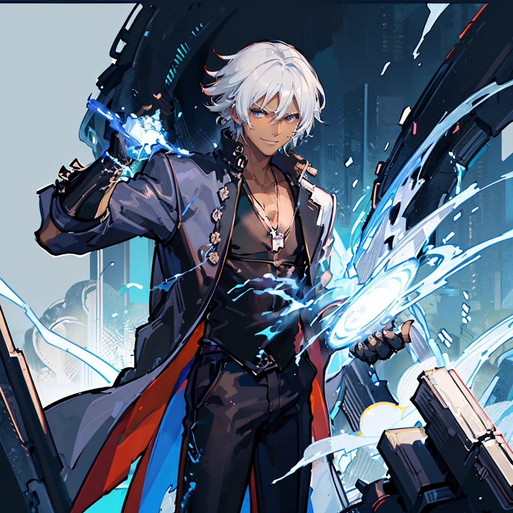 A Dark skinned young anime man, side swept silver hair, fiery light blue eyes, producing blue fire out of his fist, wearing a blue combat trench coat over a black tank top with black slacks and a chain on the hip, steel necklace with a blue dragon pendant around his neck, with sleeves rolled up to his elbows and a cocky smile