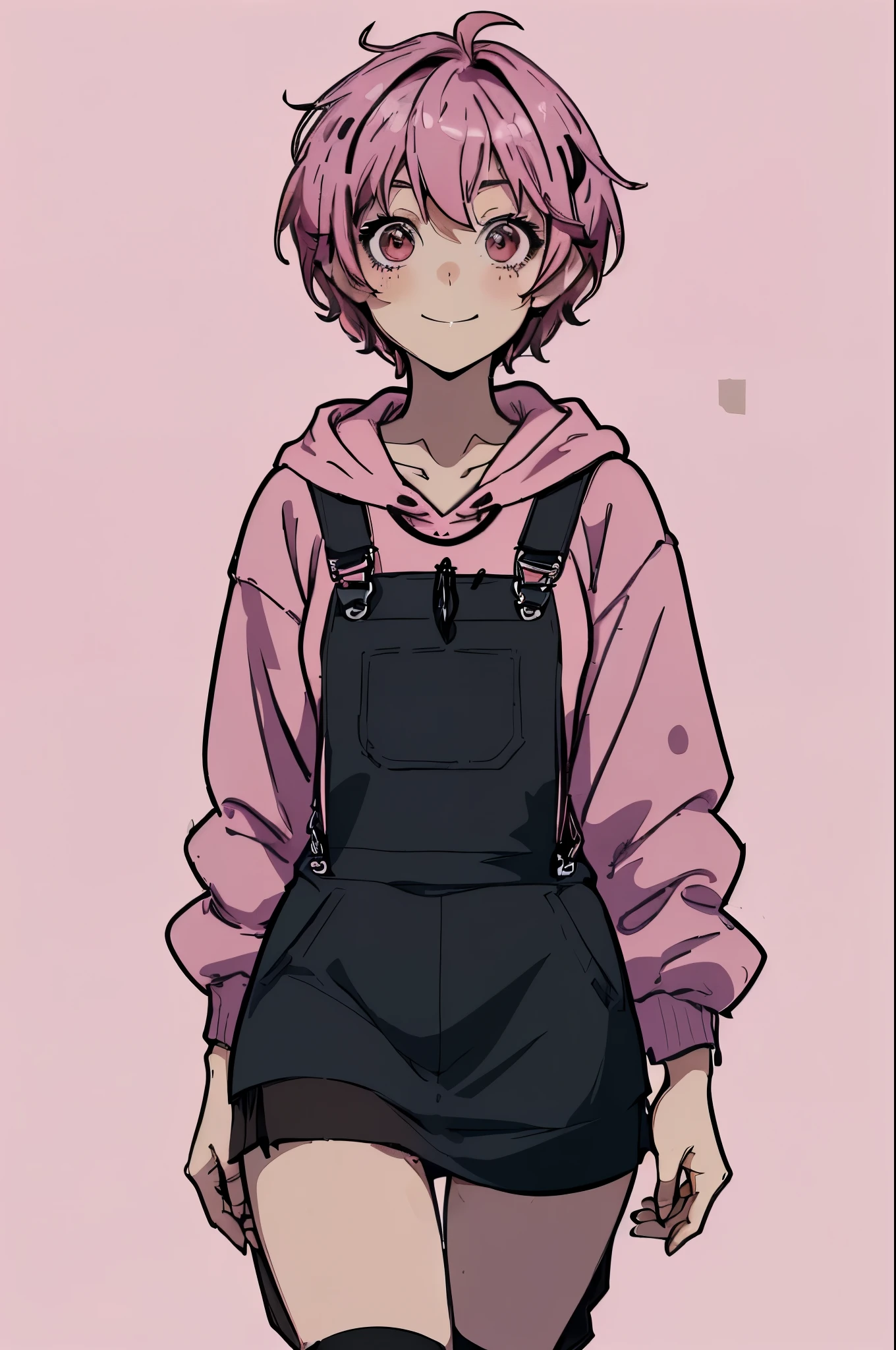 8k, original, 1girl, cute, female solo, illustration, mix, (single object), hd, absurdres, lora ((mappa studio style)), anime style, 2d, celshade style, digital art, (short hair, ((pixie cut)) hair, messy hair, pink hair), wearing ((casual (pink hoodie), ((black)) dungarees and short (skirt), with brown eyes iris)), at park, smile, stand pose