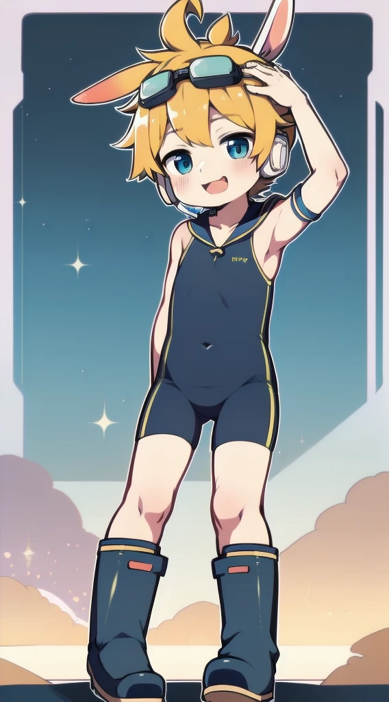 2D Shonen Shota,one-piece swimsuit,Slim, healthy body,Put the headphones on your head,stand up,goggles,Rabbit ears,Happy,Sailor collar,boots,charming,Akimbo
