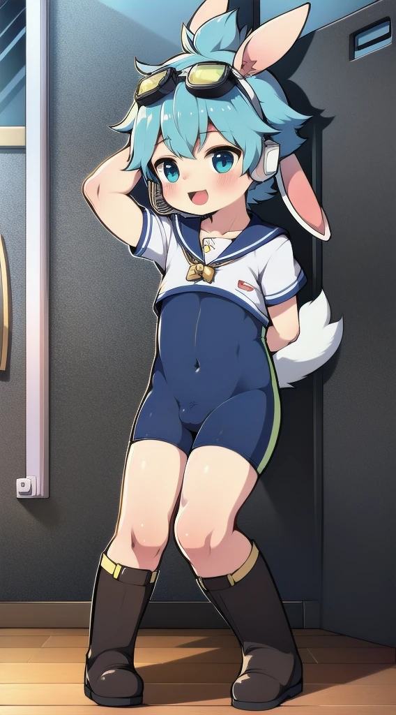 2D Shonen Shota，one-piece swimsuit，Slim, healthy body，Put the headphones on your head，stand up，goggles，Rabbit ears，Happy，Sailor collar，boots，charming，Akimbo