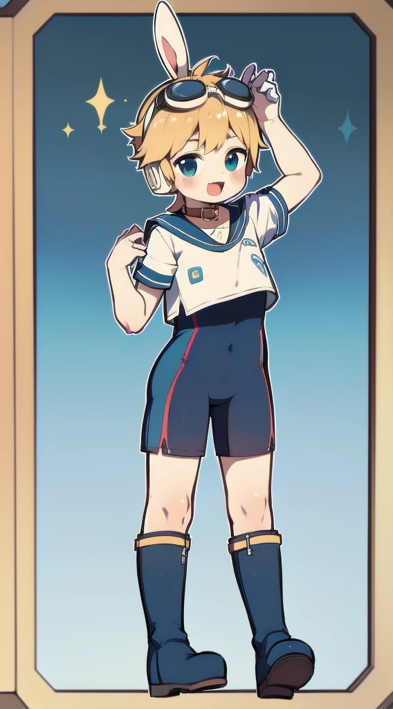 2D Shonen Shota,one-piece swimsuit,Slim, healthy body,Put the headphones on your head,stand up,goggles,Rabbit ears,Happy,Sailor collar,boots,charming,Akimbo