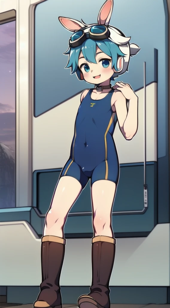2D Shonen Shota,one-piece swimsuit,Slim, healthy body,Put the headphones on your head,stand up,goggles,Rabbit ears,Happy,Sailor collar,boots,charming,Akimbo