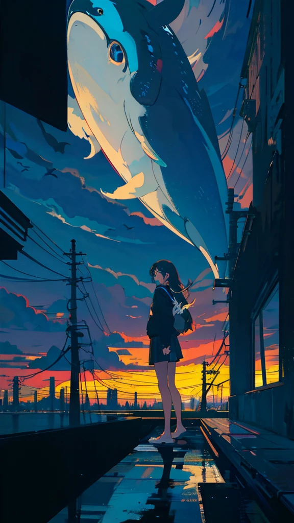 masterpiece, Exquisite detail,Highest quality, One girl, alone, handrail, cloud, Looking up at the buildings,Long Hair, zero, Long sleeve, Power lines, White footwear, Black Hair, View your viewers, Electric pole, bangs, cloudy zero, fish, bird, Green Eyes, Shorts, Day, Black Shirt, barefoot,Whale flying in the sky,Giant whale,night,Star,milky way,night,Pitch black,Buildings,Sitting, High quality anime art style，Standing painting，Splash ink background，Blue Themes,Clear Face,Distinct facial features