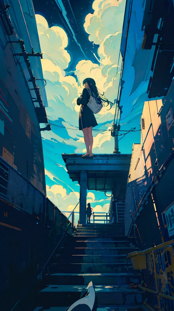 masterpiece, Exquisite detail,Highest quality, One girl, alone, handrail, cloud, Looking up at the buildings,Long Hair, zero, Long sleeve, Power lines, White footwear, Black Hair, View your viewers, Electric pole, bangs, cloudy zero, fish, bird, Green Eyes, Shorts, Day, Black Shirt, barefoot,Whale flying in the sky,Giant whale,night,Star,milky way,night,Pitch black,Buildings,Sitting, High quality anime art style,Standing painting,Splash ink background,Blue Themes,Clear Face,Distinct facial features