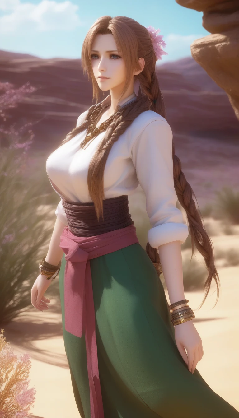 masterpiece, best quality, very aesthetic, absurdres, 1girl, mature_lady, in Desert ,1 Pretty girl，Tighten the body，clothes details，There are intricate gold threads on the clothes，pearls necklace,white skinned，looking at viewer， ,aerith_gainsborough, final_fantasy, final_fantasy_vii, final_fantasy_vii_rebirth, final_fantasy_vii_remake, 1girl, green_eyes, hair_ribbon, brown_hair, long_hair, braid, braided_ponytail, bangle, bracelet, breasts,,in Desert, Desert Princess,surrounding by flowers,falling_petals, outdoors, petals,,,blur background,background defocus,