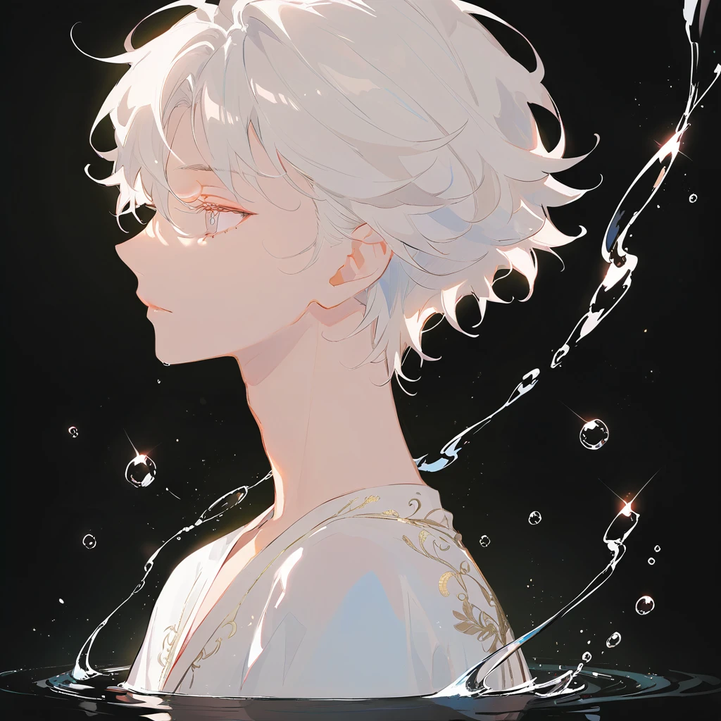 White hair, white, delicate face, male anime character, standing under the water with bubbles floating around him, black background, in the style of anime, delicate facial features, short hair, profile view, light and shadow effects, soft lighting, clear details in, black background 