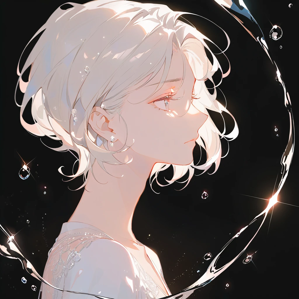 White hair, white, delicate face, male anime character, standing under the water with bubbles floating around him, black background, in the style of anime, delicate facial features, short hair, profile view, light and shadow effects, soft lighting, clear details in, black background 
