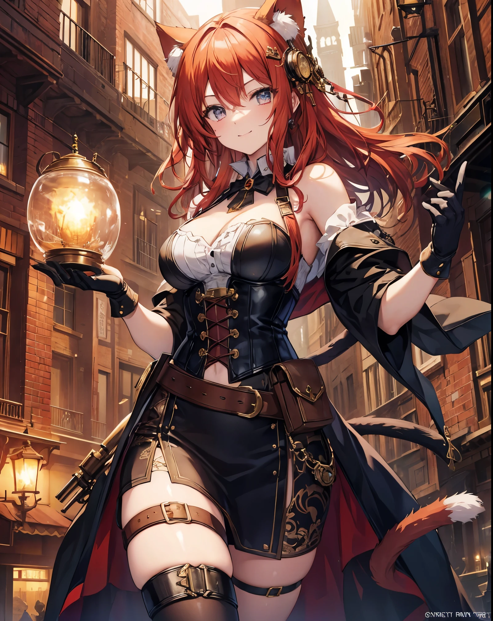 Masterpiece, A stunning anime girl with cat ears and tail, dressed in elaborate steampunk attire with leather and gear details, stands in a bustling fantasy steampunk city. She wears aviator goggles on her head, a loose corset with intricate designs, bare shoulders, and carries a mechanical weapon. The city background is filled with brick buildings, metal pipes, airships, and intricate machinery. The atmosphere is a mix of warm sepia tones and glowing lights from gas lamps, with a slight mist in the air. Her vibrant eyes and confident smile captivate the viewer. The scene exudes a blend of technology and magic, creating a unique and enchanting steampunk fantasy world. She has red hair and a smiling face. 