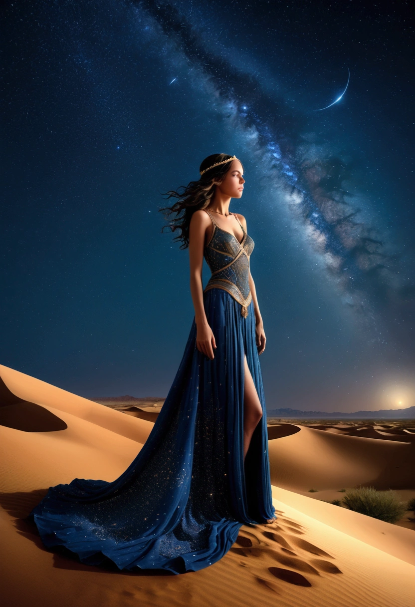 (a Desert Princess), In the golden sandstone palace deep in the desert, the desert princess standing on the palace balcony looks out at the boundless desert. The palace is decorated luxuriously, with golden curtains fluttering in the wind, and the background is a golden desert and blue sky, full body, (Photography), panoramic view, award-winning, cinematic still, emotional, vignette, dynamic, vivid, (masterpiece, best quality, Professional, perfect composition, very aesthetic, absurdres, ultra-detailed, intricate details:1.3)