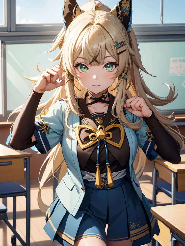 Kirara from Genshin Impact game, 1girl, as a highschool girl, weaing a white shirt and blue skirt, at a classroom ,  kirara hair style, 8k, high detailed, high quality
