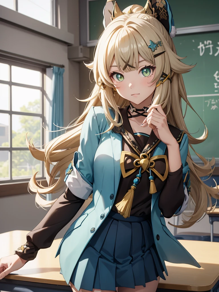 Kirara from Genshin Impact game, 1girl, as a highschool girl, weaing a white shirt and blue skirt, at a classroom , kirara hair style, 8k, high detailed, high quality