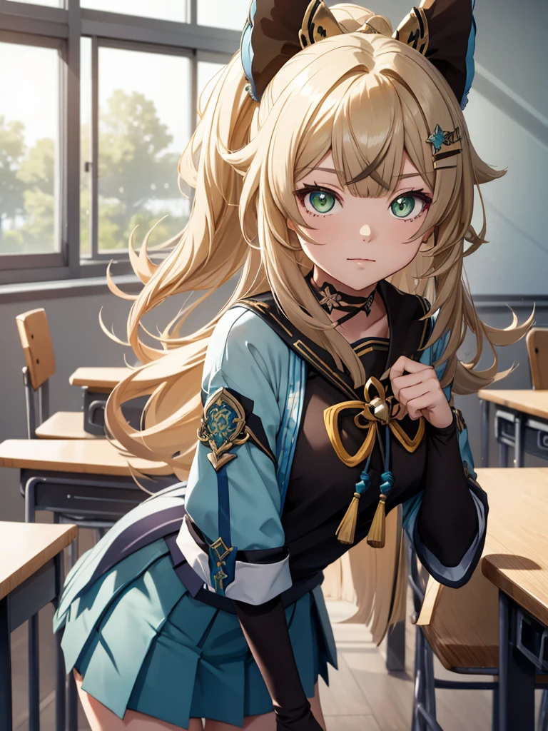 Kirara from Genshin Impact game, 1girl, as a highschool girl, weaing a white shirt and blue skirt, at a classroom ,  kirara hair style, 8k, high detailed, high quality