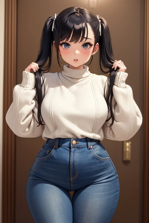 (best quality), (masterpiece), 1 girl, early 20's, small breasts, busty, perky breasts, thick, thick lips, wide hips, thin waist, wearing white sweater that fully covers chest, wearing blue jeans, holding twintails, holding hair, twintails