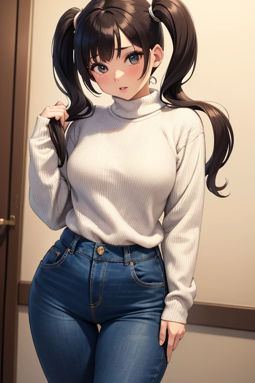 (best quality), (masterpiece), 1 girl, early 20's, small breasts, busty, perky breasts, thick, thick lips, wide hips, thin waist, wearing white sweater that fully covers chest, wearing blue jeans, holding twintails, holding hair, twintails