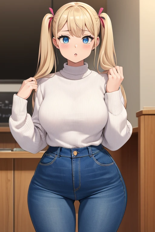 (best quality), (masterpiece), 1 girl, early 20's, small breasts, busty, perky breasts, thick, thick lips, wide hips, thin waist, wearing white sweater that fully covers chest, wearing blue jeans, holding twintails, holding hair, twintails