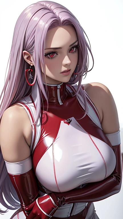 red eyes, (highest quality, masterpiece painting:1.3), immature woman, , (half body shot), masterpiece, ultra high resolution, (Photoreal:1.0), ((light purple hair)),straight hair, beautiful shining hair, white and shining skin, ((Ultra realistic details)), octane rendering, highly detailed face, (big breasts:shoulder, light red pvc outfit, (light red pvc serafuku:1.3), (light red pvc pleated skirt), light red pvc elbow gloves, light red pvc thigh boots, (garter straps:1.2), Fabric Glows, open neckline, cleavage, perfect body,in, silver earrings, (pure white background:1.4), sharp focus, intricate details, professional artwork, (bright colors:1.1), bright colors, diffused lighting, digital blending, ultra-definition body, ultra detail hair, super detailed face, that'It's trending on pixiv, top button open, Cute gaze, compens perfect lips, perfect compensate, Ultra-precision coating, (light_smile:0.8), (smugness:1.2),blush your nose,