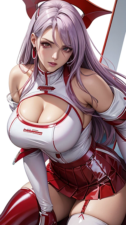 red eyes, (highest quality, masterpiece painting:1.3), immature woman, , (half body shot), masterpiece, ultra high resolution, (Photoreal:1.0), ((light purple hair)),straight hair, beautiful shining hair, white and shining skin, ((Ultra realistic details)), octane rendering, highly detailed face, (big breasts:0.8), bare shoulder, light red pvc outfit, (light red pvc serafuku:1.3), (light red pvc pleated skirt), light red pvc elbow gloves, light red pvc thigh boots, (garter straps:1.2), Fabric Glows, open neckline, cleavage, perfect body, soft skin, silver earrings, (pure white background:1.4), sharp focus, intricate details, professional artwork, (bright colors:1.1), bright colors, diffused lighting, digital blending, ultra-definition body, ultra detail hair, super detailed face, that'It's trending on pixiv, top button open, Cute gaze, compensate, perfect lips, perfect compensate, Ultra-precision coating, (light_smile:0.8), (smugness:1.2),blush your nose,