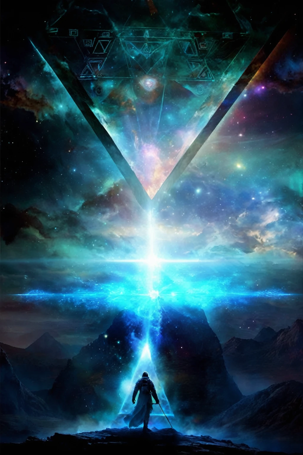 a man standing on a mountain with a star in the sky, astral travel, digital visionary art, artgem and beeple masterpiece, sci-fi digital art, visionary art style, consciousness projection, star - gate of futurisma, beeple artwork, dimensional portal, cosmic enlightenment, otherworldly visuals, sci-fi digital art illustration, gateway to another universe