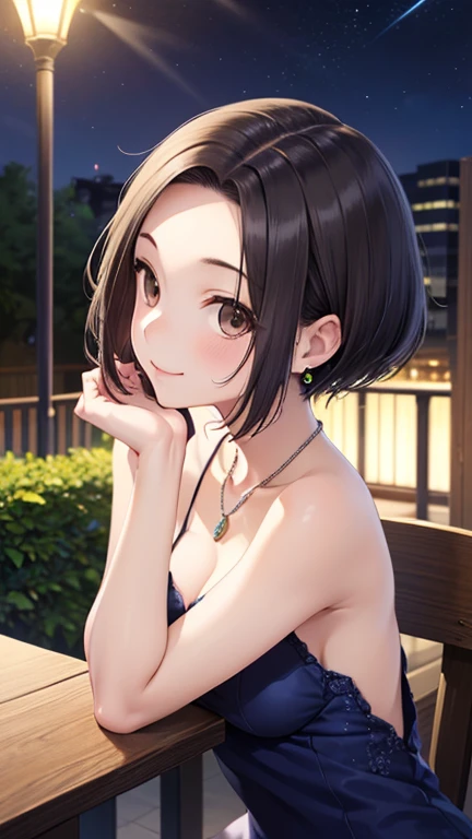 nsfw,

Rinko Kobayakawa、Shiny brown hair, ((Center-parted bangs that expose the forehead:1.5、short hair、))、, (Beautiful brown eyes、Sparkling eyes, Fine grain)、smile、Ultra-detailed eyes、Highly detailed face, Highly detailed eyes,


Highest quality、High resolution、Detailed Background、Beautiful and dense face、Beautiful, smooth skin、Skin Texture、(Realistic:1.1)、Perfect body line、(Cute beautiful girl:1.5)、


, Night Dress, ((Midnight Blue Dress)), Deep neckline, Green Emerald Necklace, Earrings, 魅惑的なsmile,  Terrace seating at night, Underarm, Place your hands behind your head.