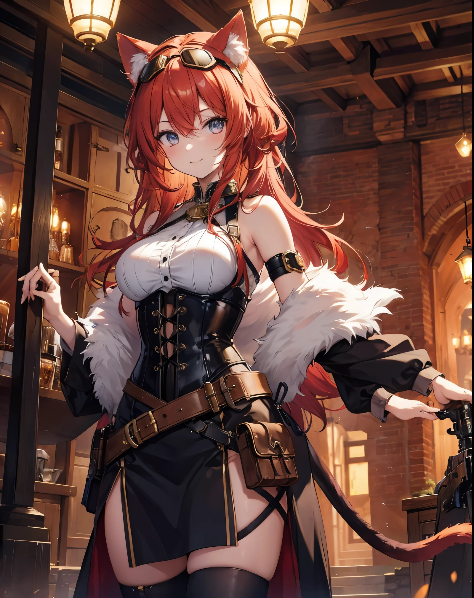 Masterpiece, A stunning anime girl with cat ears and tail, dressed in elaborate steampunk attire with leather and gear details, stands in a bustling fantasy steampunk city. She wears aviator goggles on her head, a loose corset with intricate designs, bare shoulders, and carries a mechanical weapon. The city background is filled with brick buildings, metal pipes, airships, and intricate machinery. The atmosphere is a mix of warm sepia tones and glowing lights from gas lamps, with a slight mist in the air. Her vibrant eyes and confident smile captivate the viewer. The scene exudes a blend of technology and magic, creating a unique and enchanting steampunk fantasy world. She has red hair and a smiling face.