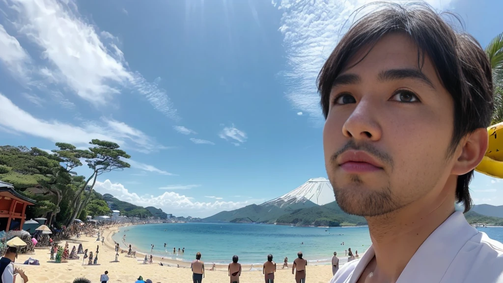 masterpiece, best quality, ultra-detailed, detailed scenery,  beautiful detailed eyes, Angle from the front, (The view from below:1.4), 
Beach, (crowd of men:1.1), (Four Japanese men facing forward standing at a distance and facing the viewer:1.6), wearing only swim trunks,

beach chairs, beach ball, Beach umbrellas a short distance away, (toy banana boat in the sea:1.1), (Landscape Photography:0.7),