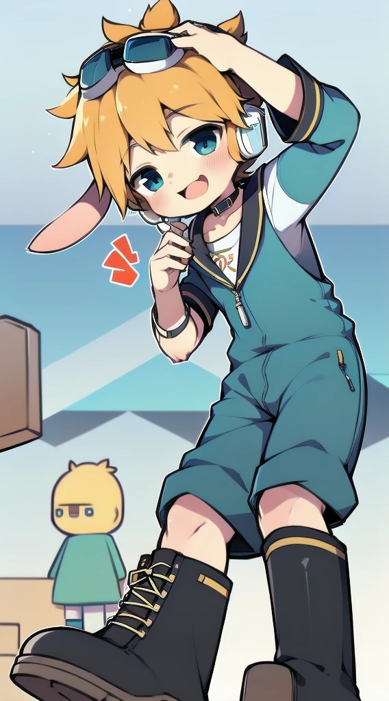 2D Shonen Shota，Dark green jumpsuit，Slim, healthy body，Put the headphones on your head，stand up，goggles，Rabbit ears，Happy，Sailor collar，boots，charming，Akimbo