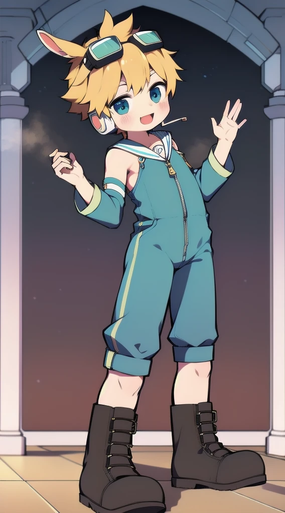 2D Shonen Shota,Dark green jumpsuit,Slim, healthy body,Put the headphones on your head,stand up,goggles,Rabbit ears,Happy,Sailor collar,boots,charming,Akimbo