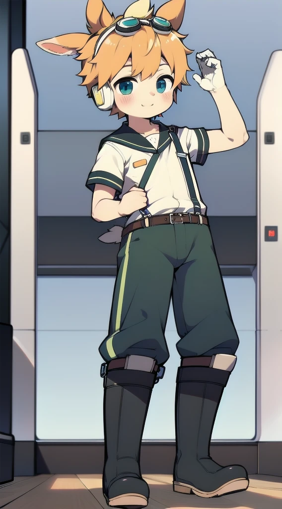 2D Shonen Shota，Dark green jumpsuit，Slim, healthy body，Put the headphones on your head，stand up，goggles，Rabbit ears，Happy，Sailor collar，boots，charming，Akimbo