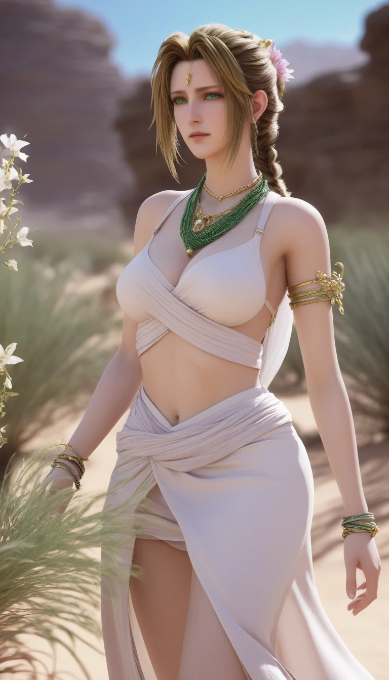 masterpiece, best quality, very aesthetic, absurdres, 1girl, mature_lady, in Desert ,1 Pretty girl,Tighten the body,clothes details,There are intricate gold threads on the clothes,pearls necklace,white skinned,looking at viewer, ,aerith_gainsborough, final_fantasy, final_fantasy_vii, final_fantasy_vii_rebirth, final_fantasy_vii_remake, 1girl, green_eyes, hair_ribbon, brown_hair, long_hair, braid, braided_ponytail, bangle, bracelet, breasts,,in Desert, Desert Princess,surrounding by flowers,falling_petals, outdoors, petals,,,blur background,background defocus,