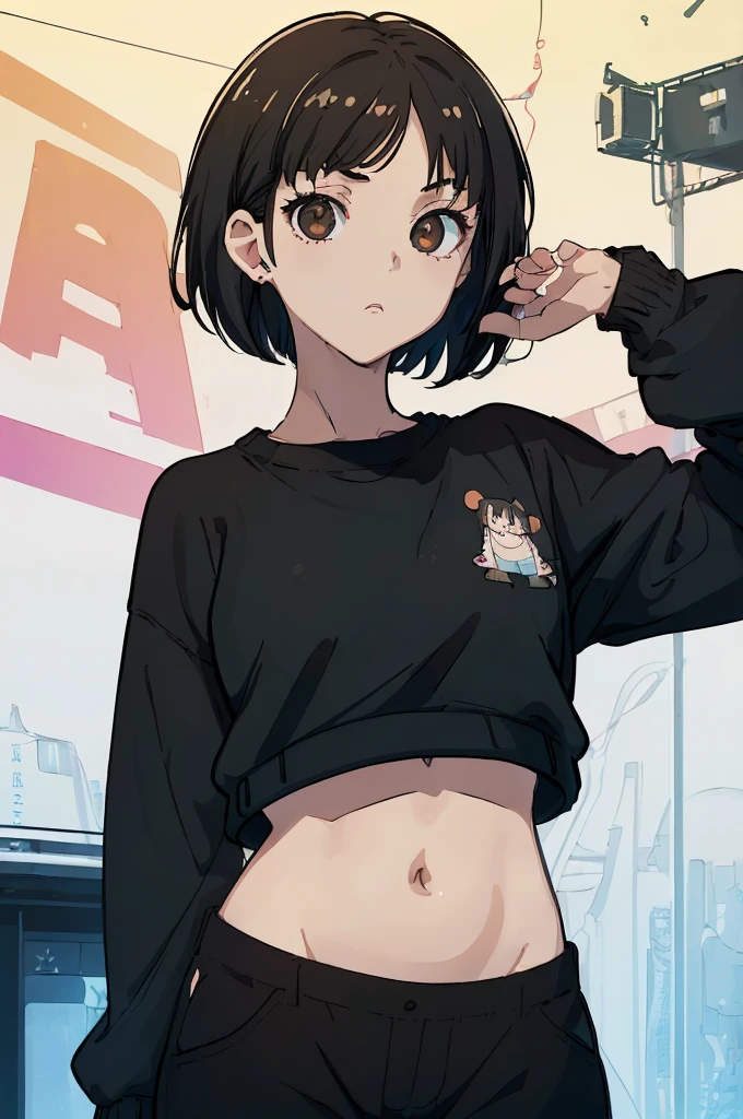 8k, original, 1girl, cute, female solo, illustration, mix, (single object), hd, absurdres, lora ((mappa studio style)), anime style, 2d, celshade style, digital art, ((solid color background)), (short bob hair, straight hair, forehead, brunette hair), wearing ((black loose baggy sweater, long sleeves, midriff, black long pants))
