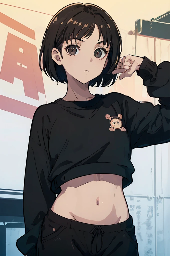 8k, original, 1girl, cute, female solo, illustration, mix, (single object), hd, absurdres, lora ((mappa studio style)), anime style, 2d, celshade style, digital art, ((solid color background)), (short bob hair, straight hair, forehead, brunette hair), wearing ((black loose baggy sweater, long sleeves, midriff, black long pants))